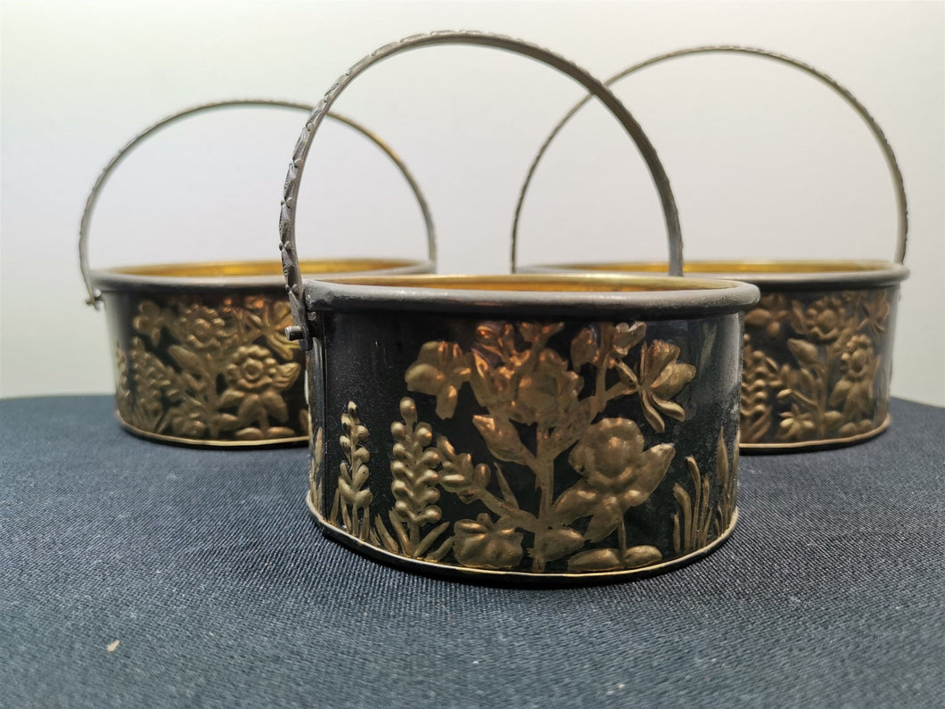 Vintage Nesting Baskets Bowls Brass Metal with Flower Relief Set of 3 Round 1940's Original