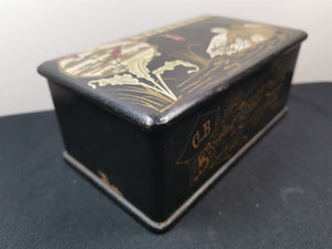 Antique French Societe Francaise de Cotons a Coudre Embroidery Floss Thread Sewing Supplies Box Paper Mache Lacquer Ware Hand Painted 1800's