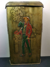 Load image into Gallery viewer, Antique Victory Tin Box Art Nouveau Tin Metal Box with Man and Woman Lady Victorian Original Late 1800&#39;s  Gold Green and Red

