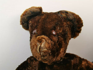 Antique Teddy Bear Real Mink Fur and Leather Hand Made Early 1900's Original Dark Brown with Brown Leather Eyes Straw Stuffed Animal