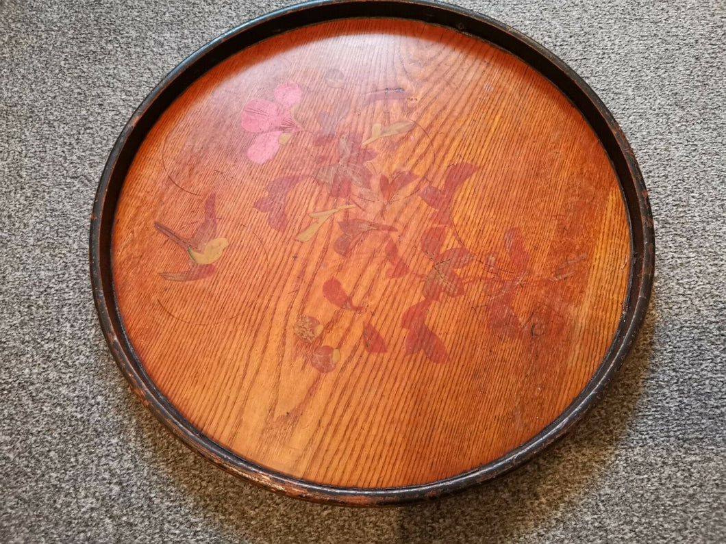 Antique Round Wooden Serving Tray Hand Painted with Bird and Flowers Wood Large Vintage Early 1900's Original