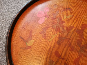 Antique Round Wooden Serving Tray Hand Painted with Bird and Flowers Wood Large Vintage Early 1900's Original