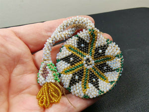 Antique Beaded Sovereign Coin Purse Misers Finger Purse Hand Beaded with Glass Beads Victorian 1800's White Black Green Yellow Hand Made