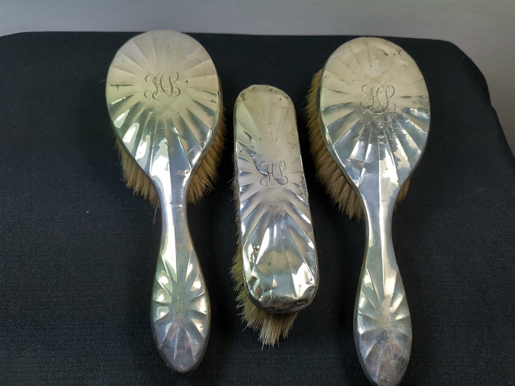 Antique Sterling Silver Vanity Hair Brush Hairbrush and Clothes Brush Set of 3 Brimingham England English Hallmark 1908 with HL LH Monogram