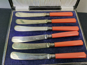 VIntage Coral Pink Bakelite Butter Knife Knives Set of 6 in Original Presentation Storage Box Silver Plated Original 1920's - 1930's
