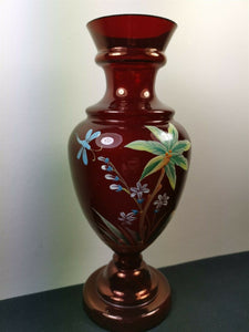 Antique Glass Flower Vase Cranberry Ruby Red Glass with Hand Painted Flowers and Butterfly or Dragonfly Late 1800's - Early 1900's Original