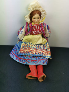 Vintage Doll Paper Mache Cloth Clay Leather Hand Made Original 1930's - 1940's Original Antique 13 Inch Girl with Hand Embroidered Clothing