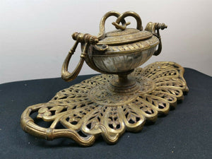 Antique Inkwell and Stand with Snakes Decoration Gilded Bronze Metal and Glass Victorian Original 1800's