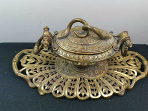 Antique Inkwell and Stand with Snakes Decoration Gilded Bronze Metal and Glass Victorian Original 1800's