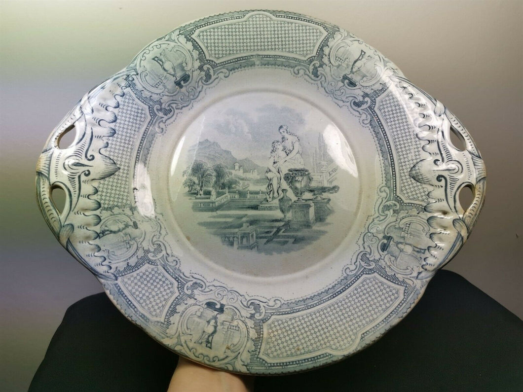 Antique Victorian Serving Platter Plate Dish Blue and White Ceramic Pottery Victorian 1800's  Round Large Flow Blue Transferware