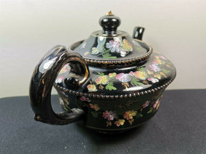 Antique Teapot Tea Pot Red Clay Black with Hand Painted Flowers Geisha 1800's Jackfield