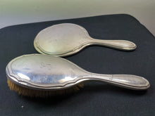 Load image into Gallery viewer, Antique Sterling Silver Vanity Hand Mirror and Hair Brush Hairbrush Set Brimingham England English Hallmark H Matthews 1911 with G Monogram
