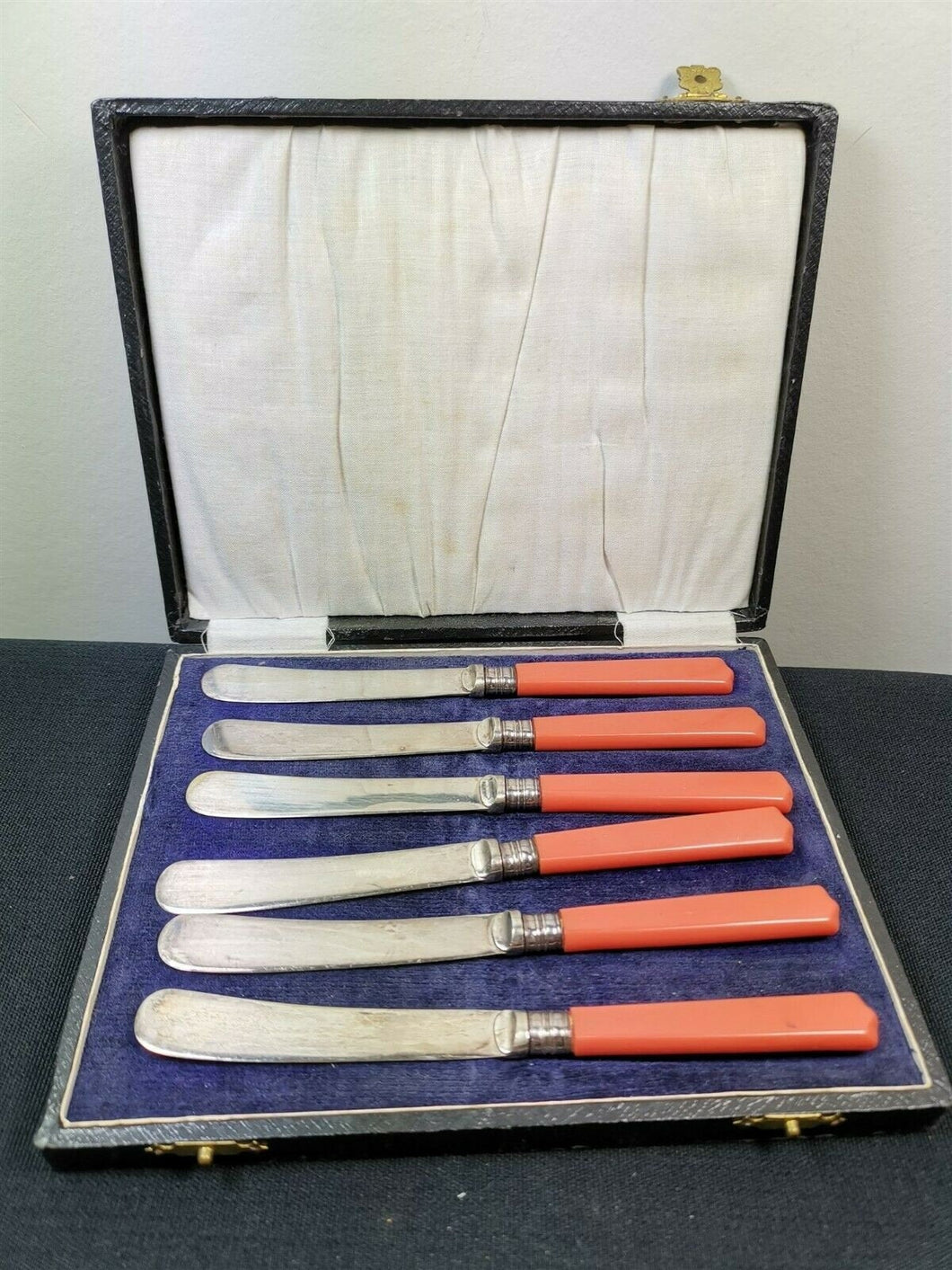 VIntage Coral Pink Bakelite Butter Knife Knives Set of 6 in Original Presentation Storage Box Silver Plated Original 1920's - 1930's