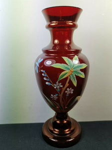 Antique Glass Flower Vase Cranberry Ruby Red Glass with Hand Painted Flowers and Butterfly or Dragonfly Late 1800's - Early 1900's Original