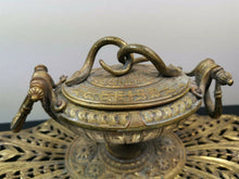 Load image into Gallery viewer, Antique Inkwell and Stand with Snakes Decoration Gilded Bronze Metal and Glass Victorian Original 1800&#39;s
