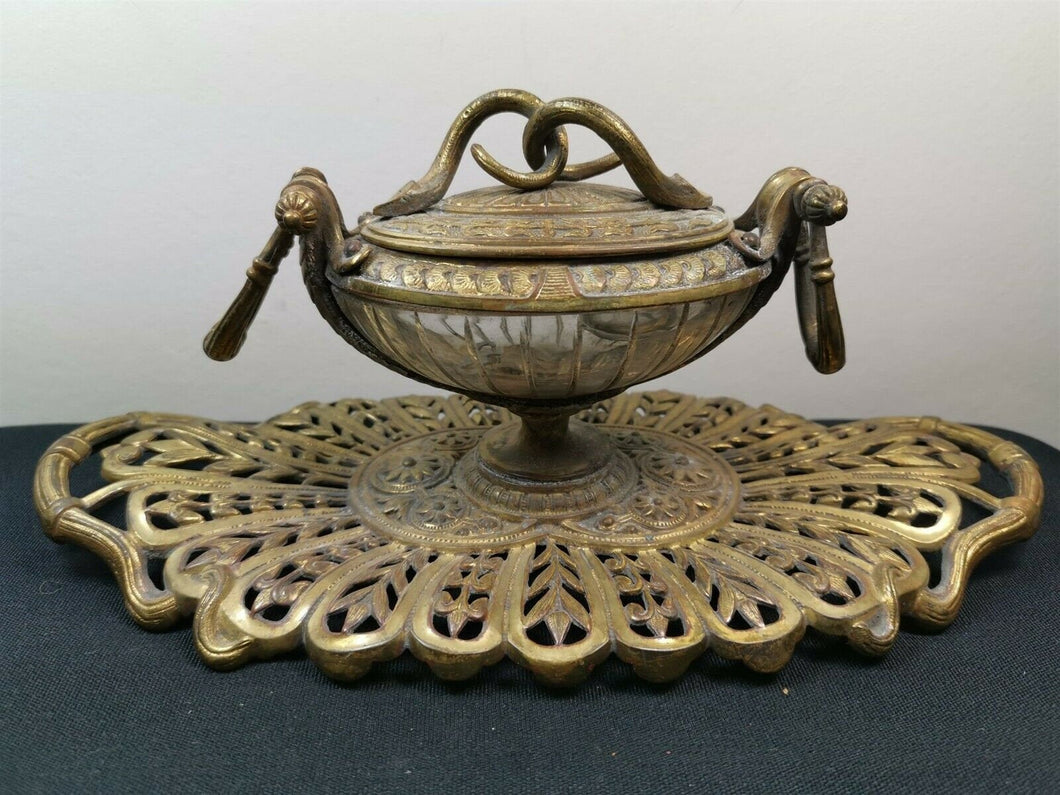 Antique Inkwell and Stand with Snakes Decoration Gilded Bronze Metal and Glass Victorian Original 1800's