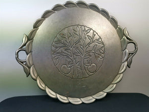 Vintage German Serving Tray with Apple Tree Silver Pewter Metal Hand Made Gilde Handwerk Guild Craft Germany