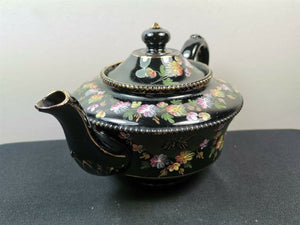 Antique Teapot Tea Pot Red Clay Black with Hand Painted Flowers Geisha 1800's Jackfield