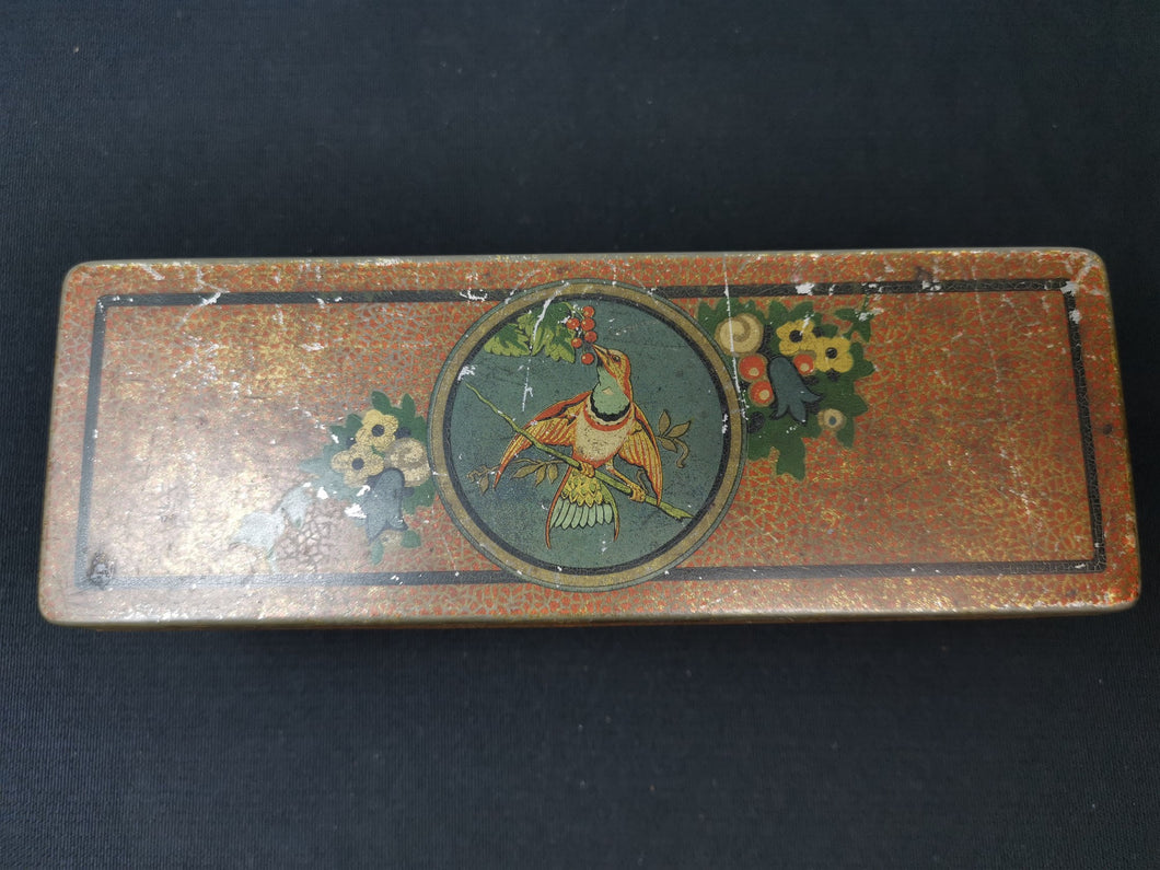 Vintage Tin Metal Box with Bird and Flowers Lithograph 1930's Original Cracker Box