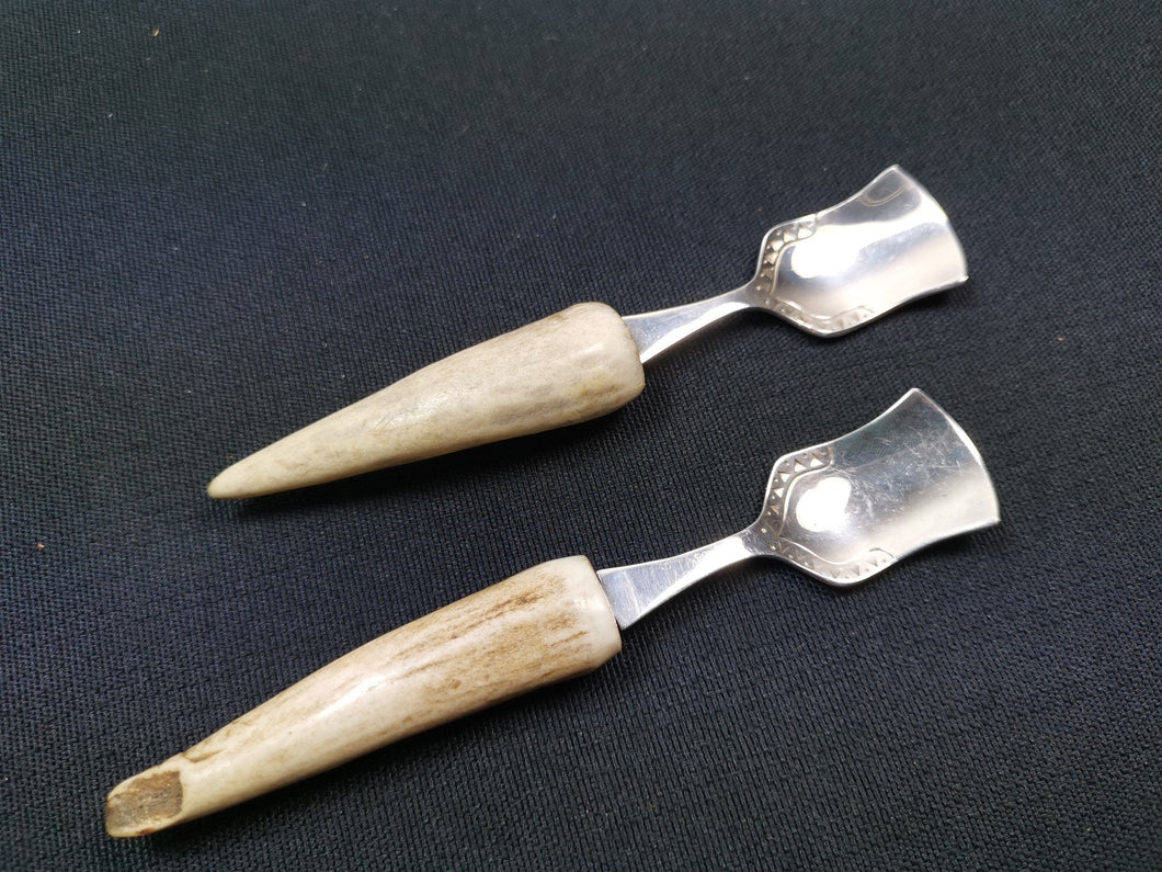 Vintage Deer Antler Horn Silver Plated Spoons Set of 2 EPNS Hand Made Original 1950's Mid Century Made in England