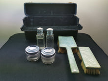 Load image into Gallery viewer, Vintage Toiletry Bottles and Vanity Brush Kit Set in Original Travel Case Glass Chrome Enamel Blue and Silver Art Deco Retro 1930&#39;s
