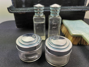 Vintage Toiletry Bottles and Vanity Brush Kit Set in Original Travel Case Glass Chrome Enamel Blue and Silver Art Deco Retro 1930's