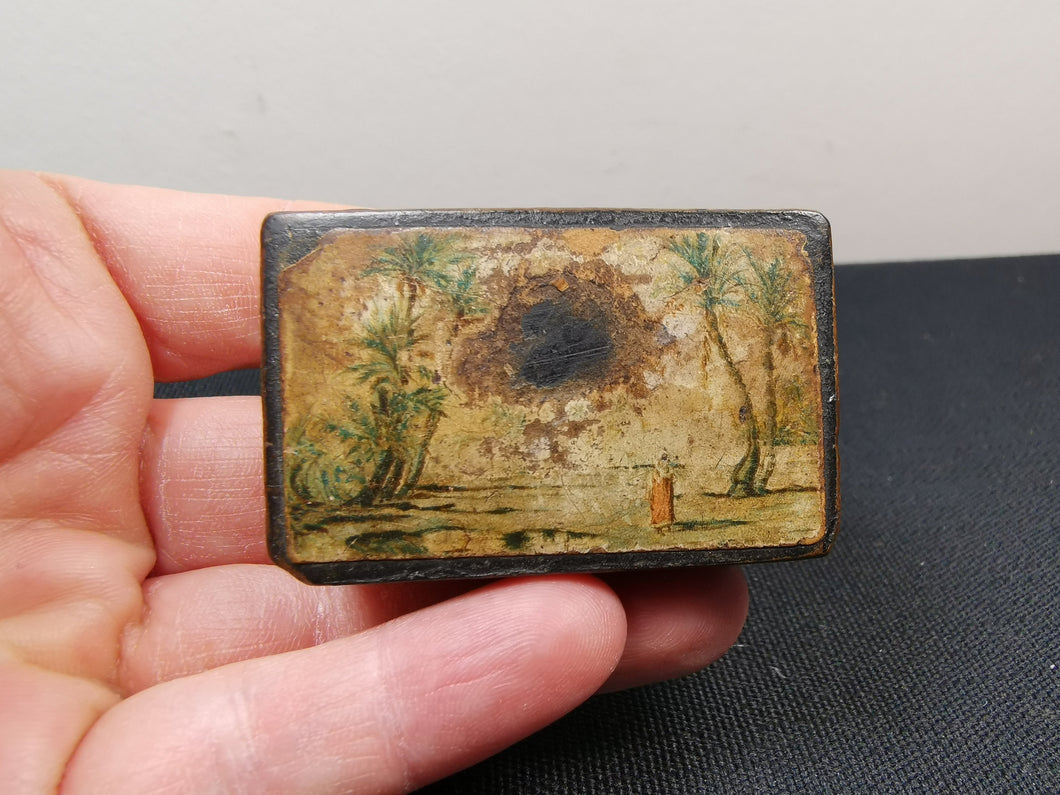 Antique Snuff Box Paper Mache Papier Mache with Illustration on Top 1800's Original