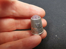 Load image into Gallery viewer, Antique Silver Thimble with Purple Amethyst Glass Top No 9 with Shield and Flowers
