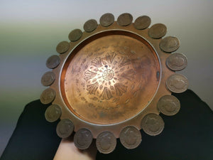 Antique Copper Metal Round Tray with Portuguese Coins 1880's Original Decorative Serving Hand Hammered Arts and Crafts