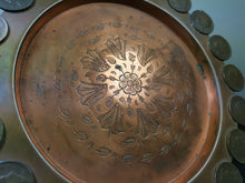 Load image into Gallery viewer, Antique Copper Metal Round Tray with Portuguese Coins 1880&#39;s Original Decorative Serving Hand Hammered Arts and Crafts
