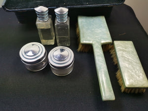 Vintage Toiletry Bottles and Vanity Brush Kit Set in Original Travel Case Glass Chrome Enamel Blue and Silver Art Deco Retro 1930's