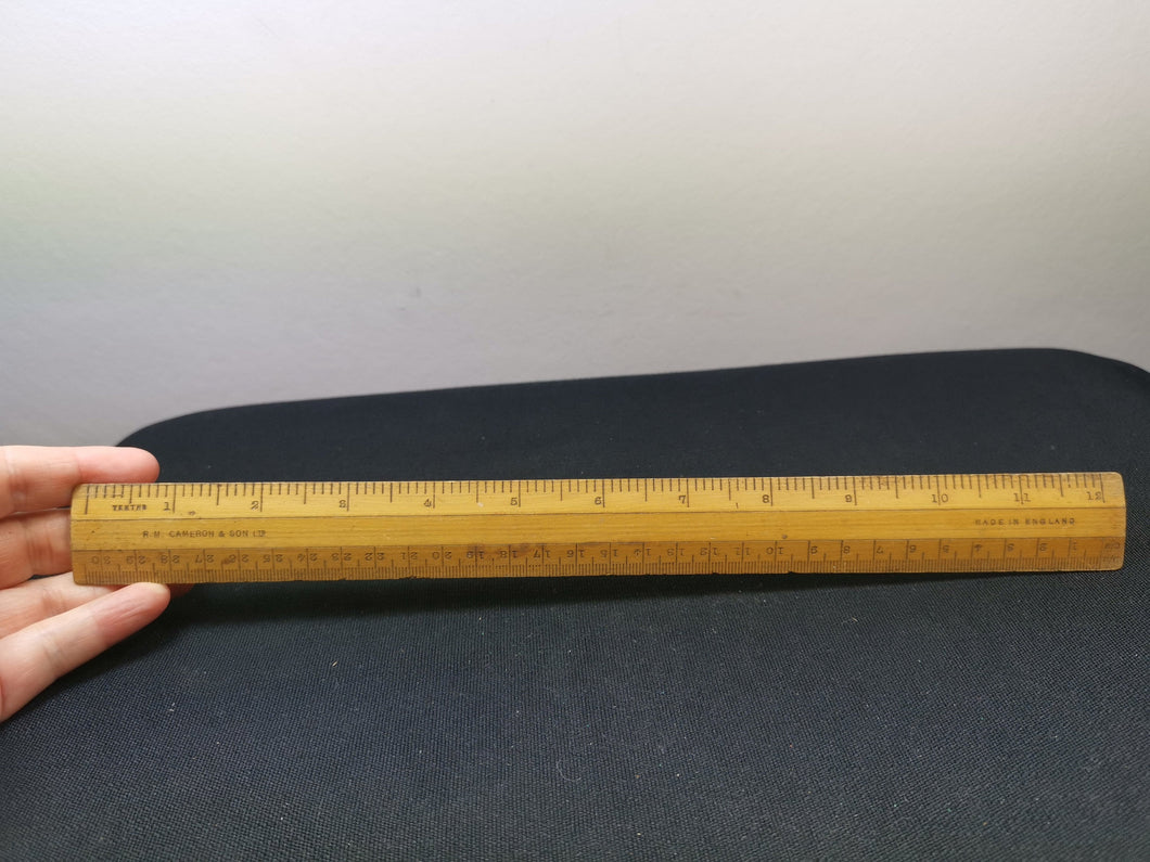 Vintage Wood Ruler Foot Inches Centimetres Millimetres Wooden Rule Made in England Measuring Tool Drawing Drafting R.M. Cameron and Son