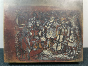 Vintage Hand Carved Victorian Musicians Scene on Wood Panel Carving Hand Made Original Art 1930's Miniature Image