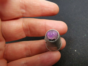 Antique Silver Thimble with Purple Amethyst Glass Top No 9 with Shield and Flowers
