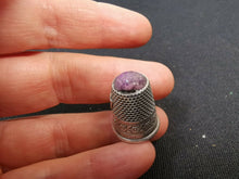Load image into Gallery viewer, Antique Silver Thimble with Purple Amethyst Glass Top No 9 with Shield and Flowers
