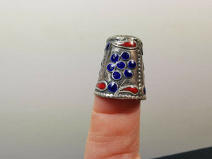 Vintage Silver Thimble with Blue and Red Enamel Flower