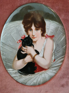 Vintage Lady and Cat Portrait Painting on Porcelain Framed in Pink Velvet and Gold Gilt Frame Signed Original Art