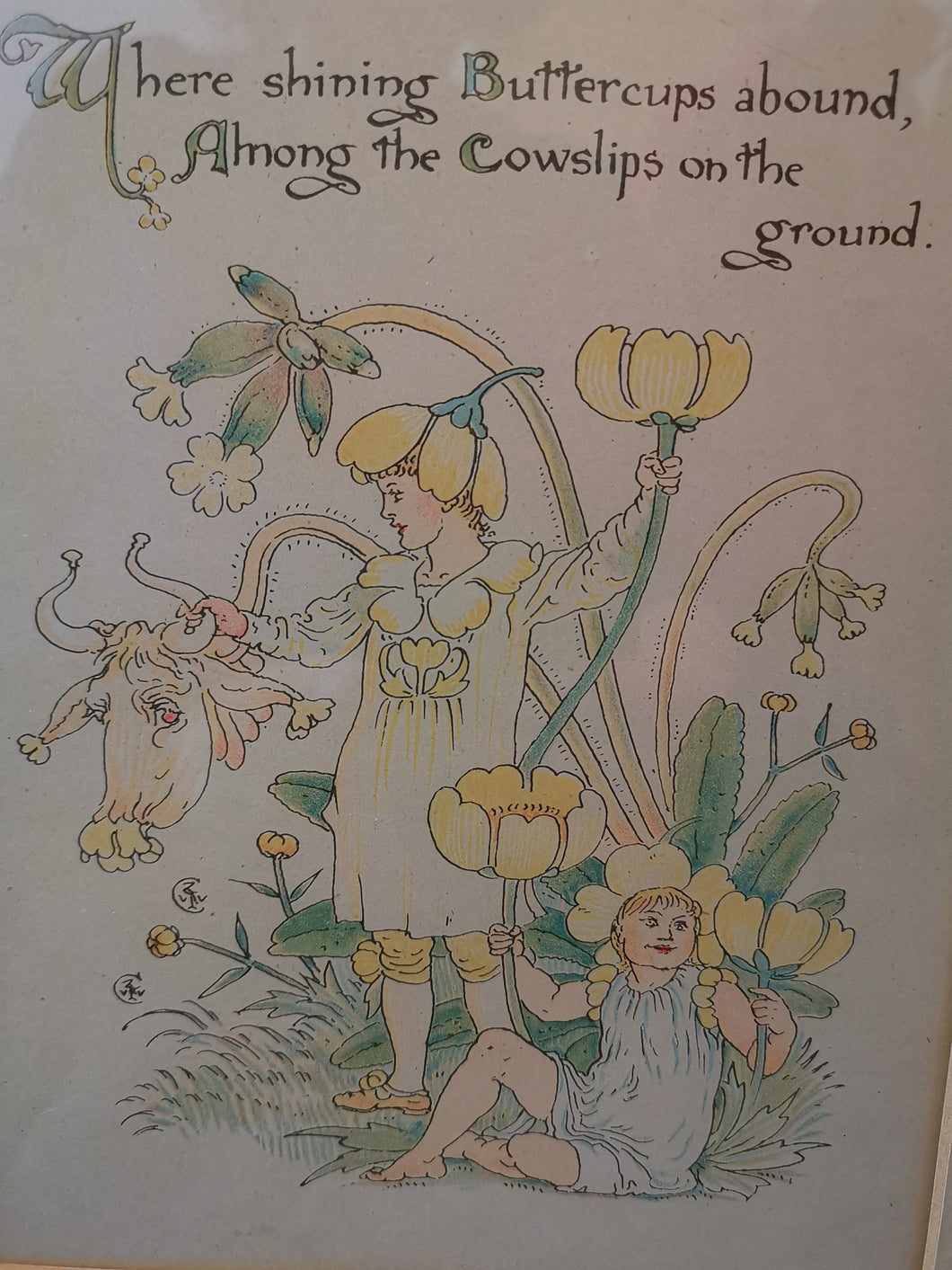 Antique Walter Crane Buttercups and Cowslips Lithograph Print Illustration Hand Tinted Framed