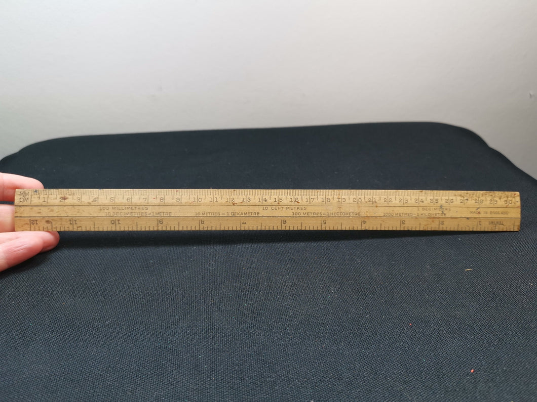 Vintage Wood Ruler Foot Inches Centimetres Millimetres Wooden Rule Made in Measuring Tool Drawing Drafting