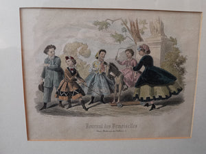 Antique French Children's Fashion Print Journal des Demoiselles Young Ladies Journal Hand Tinted Lithograph Framed 1800's Original