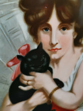 Load image into Gallery viewer, Vintage Lady and Cat Portrait Painting on Porcelain Framed in Pink Velvet and Gold Gilt Frame Signed Original Art
