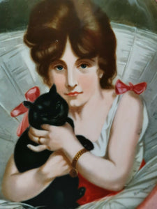 Vintage Lady and Cat Portrait Painting on Porcelain Framed in Pink Velvet and Gold Gilt Frame Signed Original Art