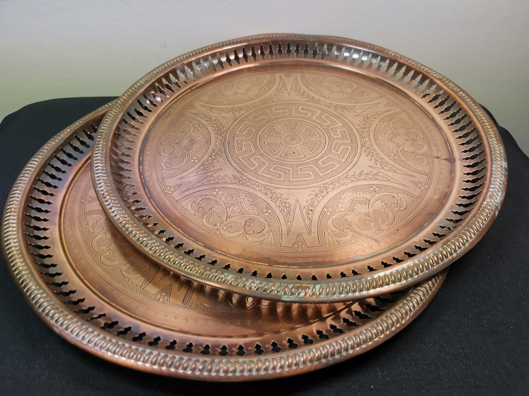 Antique Copper Metal Serving Trays Platters Set of 2 Victorian 1800's Round