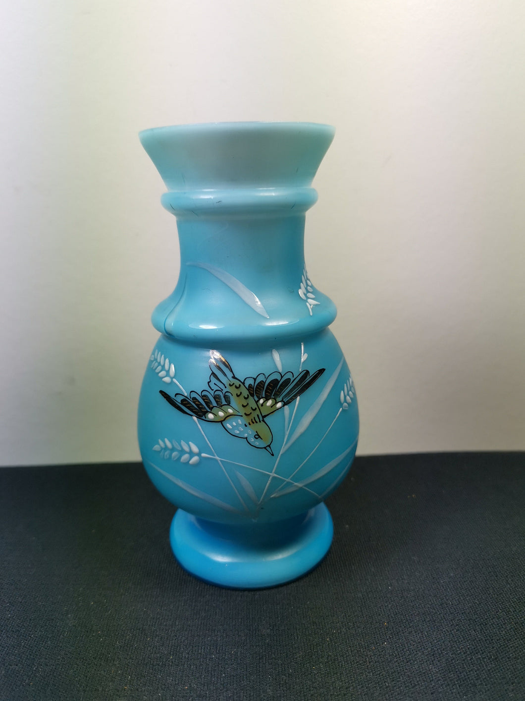 Antique Blue and White Glass Bird Flower Vase Late 1800's - Early 1900's Original Victorian Edwardian Hand Painted