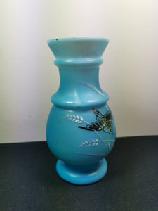 Antique Blue and White Glass Bird Flower Vase Late 1800's - Early 1900's Original Victorian Edwardian Hand Painted