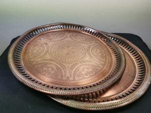 Antique Copper Metal Serving Trays Platters Set of 2 Victorian 1800's Round