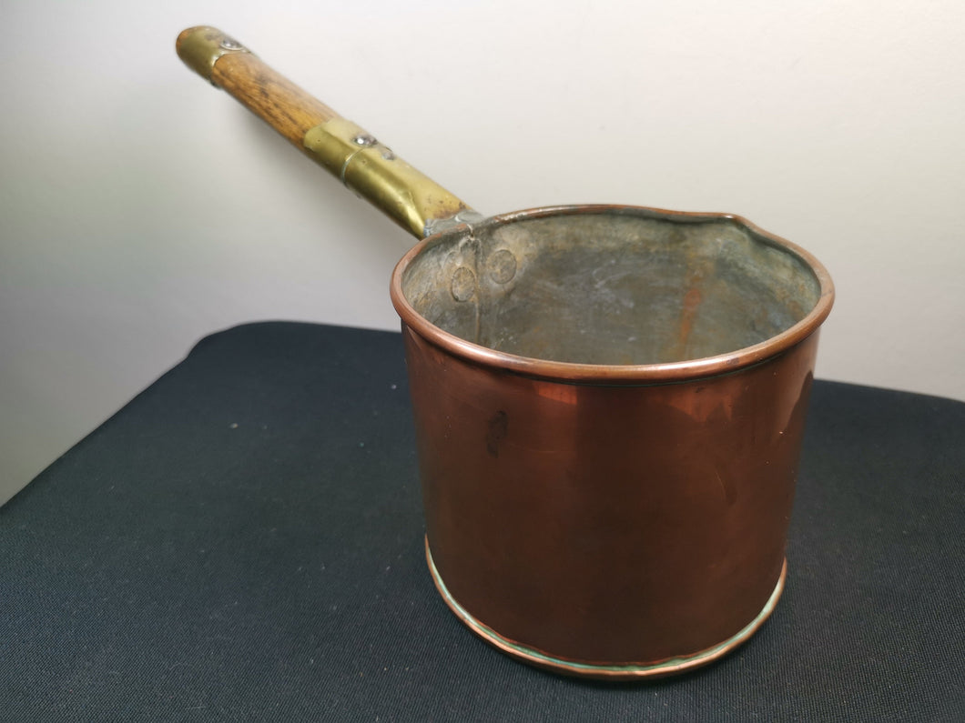 Antique Copper Sauce Pan Cooking Pot with Wood and Brass Handle Victorian 1800's Primitive Saucepan