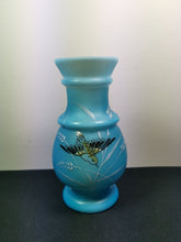 Load image into Gallery viewer, Antique Blue and White Glass Bird Flower Vase Late 1800&#39;s - Early 1900&#39;s Original Victorian Edwardian Hand Painted
