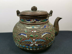 Antique Teapot Cloisonne Enamel Filigree Brass Copper Metal with Wicker Handle Chinese with Wicker Handle