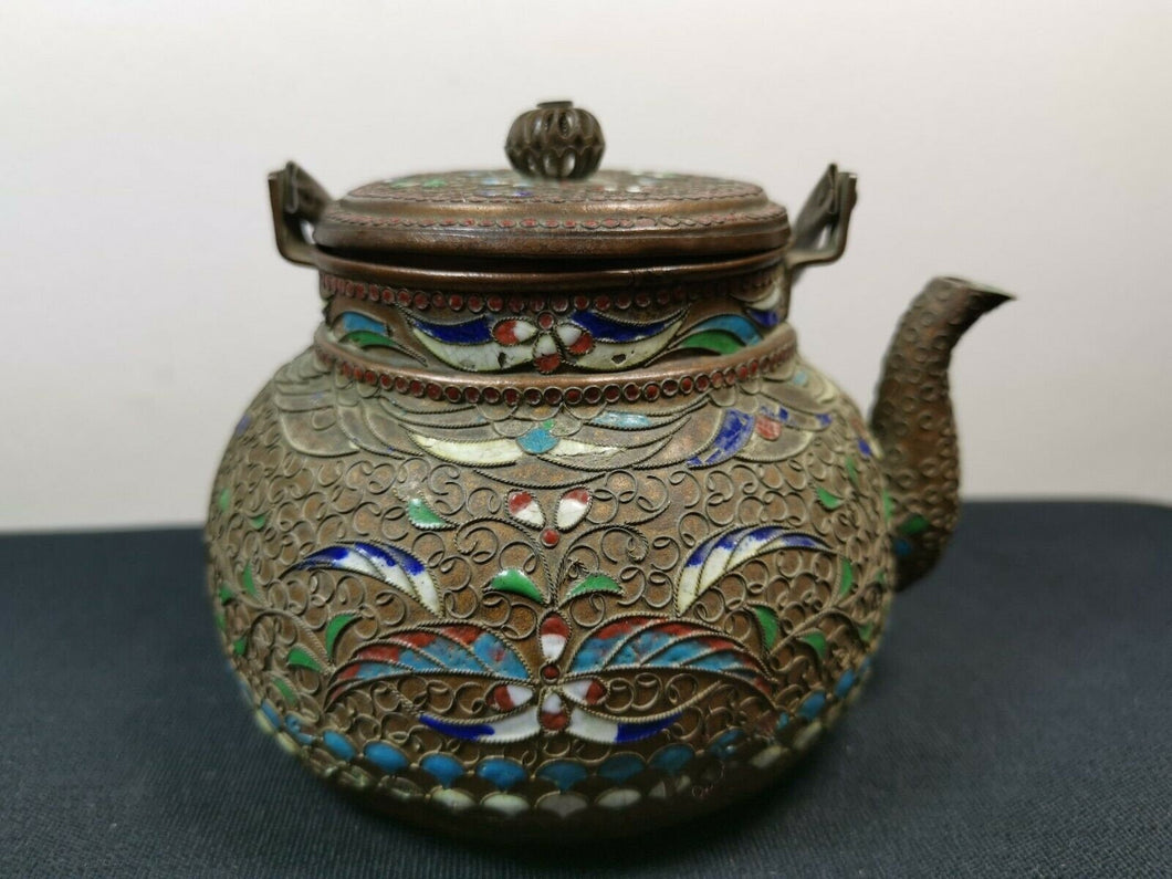 Antique Teapot Cloisonne Enamel Filigree Brass Copper Metal with Wicker Handle Chinese with Wicker Handle